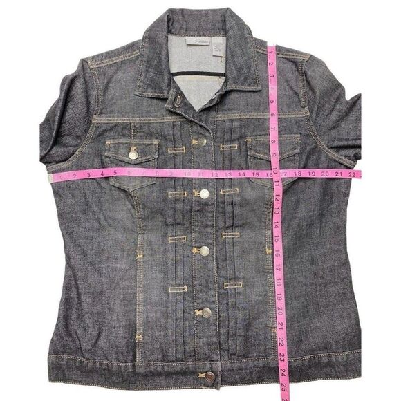 Chicos Platinum Dark Wash Denim‎ Jean Jacket Pleated Sz 2 Large 12 - Picture 5 of 8